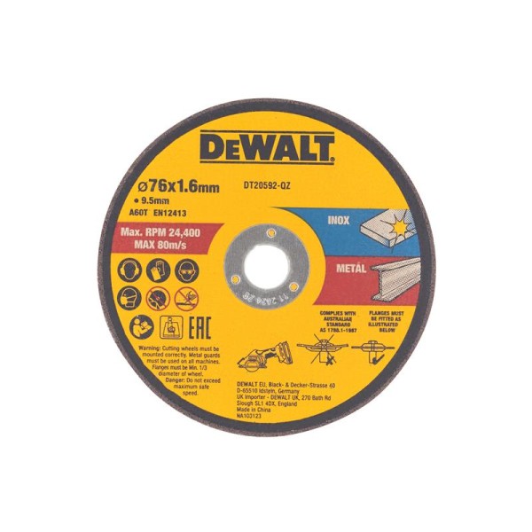 DEWALT DT20592 Bonded Abrasive Cutting Disc 76 x 1.6 x 9.5mm (3 Pack) DEWALT DT20592 Bonded Abrasive Cutting Disc 76 x 1.6 x 9.5mm (3 Pack)