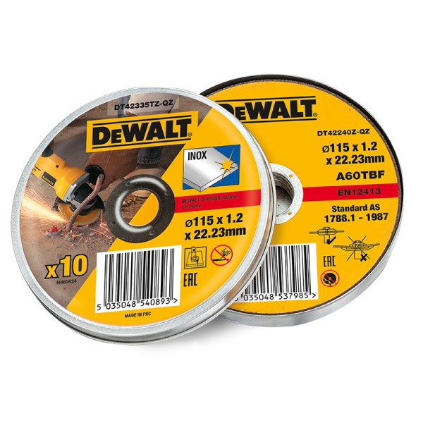 DEWALT DT42335TZ Inox Metal/Stainless Cutting Disc 115 x 1.2 x 22.23mm (Tin of 10) DEWALT DT42335TZ Inox Metal/Stainless Cutting Disc 115 x 1.2 x 22.23mm (Tin of 10)