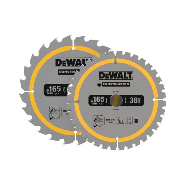 DEWALT DT90270 Construction Circular Saw Blade 2 Pack 165 x 20mm x 24T/36T DEWALT DT90270 Construction Circular Saw Blade 2 Pack 165 x 20mm x 24T/36T
