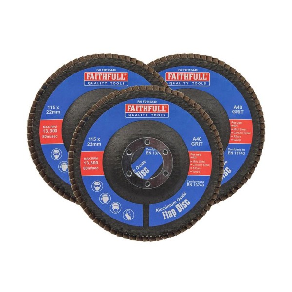Faithfull Aluminium Oxide Flap Disc 115 x 22mm 40 Grit (3 Pack) Faithfull Aluminium Oxide Flap Disc 115 x 22mm 40 Grit (3 Pack)
