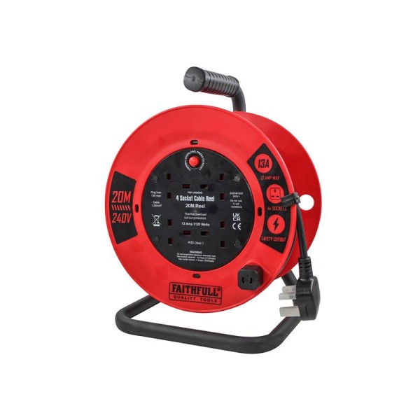 Faithfull Power Plus Open Cable Reel 240V 20m 13A 4 Socket (1.25mm Cable) Faithfull Power Plus Open Cable Reel 240V 20m 13A 4 Socket (1.25mm Cable)