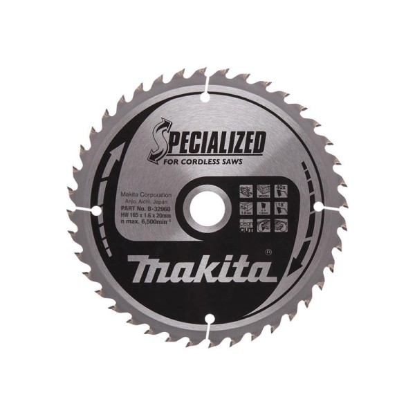 Makita B-32960 Specialized Wood Blade for Cordless Saws 165 x 20mm x 40T Makita B-32960 Specialized Wood Blade for Cordless Saws 165 x 20mm x 40T