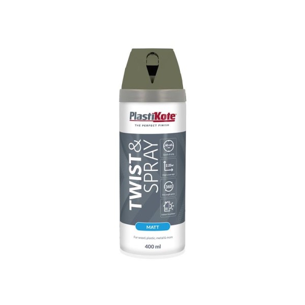 PlastiKote Twist & Spray Matt 400ml Olive Green PlastiKote Twist & Spray Matt 400ml Olive Green