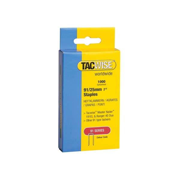 Tacwise 91 Narrow Crown Staples 25mm - Electric Tackers Pack 1000 Tacwise 91 Narrow Crown Staples 25mm - Electric Tackers Pack 1000