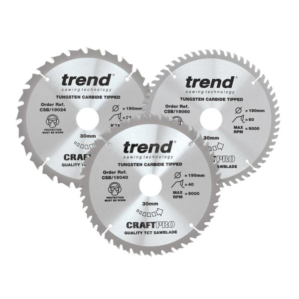 Trend CraftPro Saw Blade 190 x 30mm x 24T/40T/60T (Pack 3) Trend CraftPro Saw Blade 190 x 30mm x 24T/40T/60T (Pack 3)