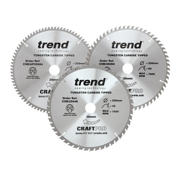 Trend CraftPro Table Saw Blade 250 x 30mm x 48T/60T/84T (Pack 3) Trend CraftPro Table Saw Blade 250 x 30mm x 48T/60T/84T (Pack 3)